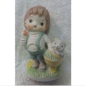 Fine Porcelain Boy Figurine carrying Basket & Bear